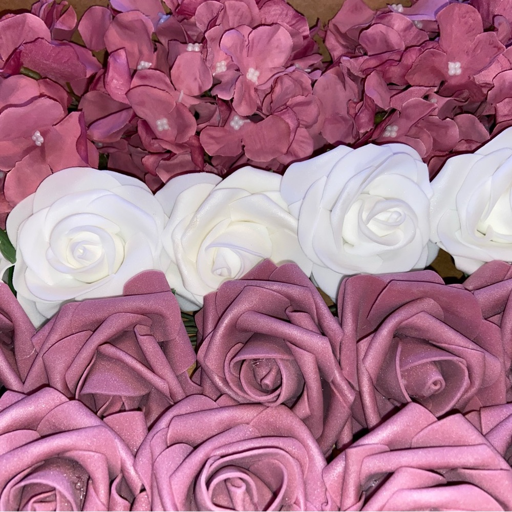 20 Count | Mauve Hydrangeas Dusty Pink White  Roses Artificial Wedding Bouquet